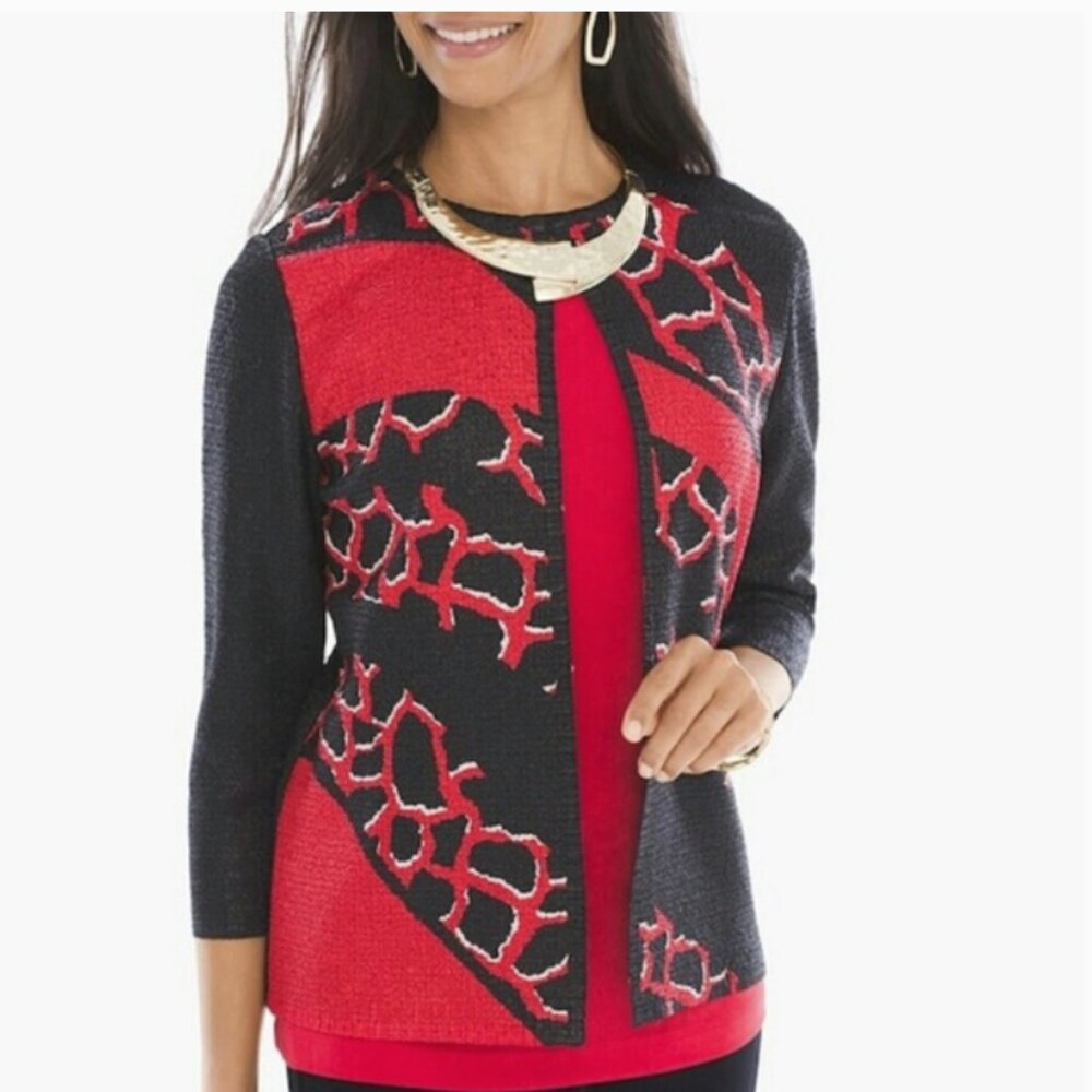 Chico's Travelers size Large/2 Black Red Abstract Wrinkle Textured Light Jacket‎